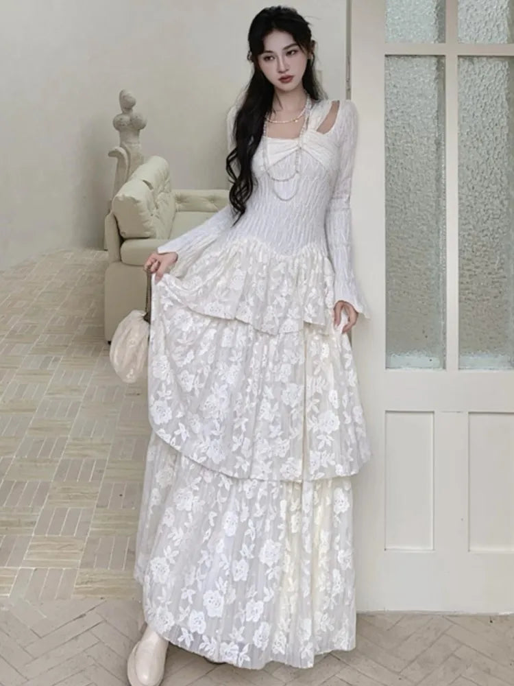 LBSFY -Elegant Fairy Womens Dresses Knitted Patchwork Flare Sleeves Princess Cake Long Dress Autumn Party Prom A-Line Vestidos Robe New