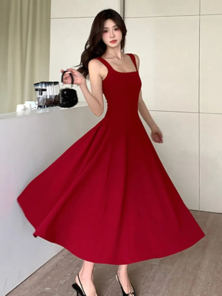 LBSFY -Vintage Elegant French Spaghetti Strap Women's Dresses Square Collar Sleeveless A-Line Wedding Party Dress Female Prom Vestidos