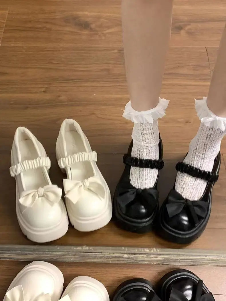 LBSFY -Japanese Style bowknot JK Thick Heel Mary Jane Women's Shoes Summer Vintage French Slip-On PU Leather Chunky Cosplay Pumps