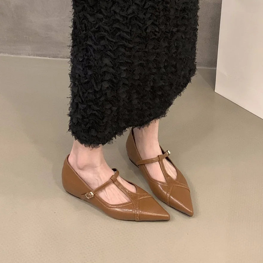 LBSFY  -Spring New Women Flats Brand Design Point Toe Women Ballet Shoes Casual Buckle Strap Female Dress Shoes Low Heels