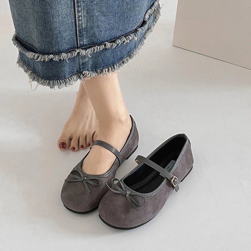 LBSFY -Elegant Bowknot Ballerina Women's Flat Round Toe Comfort Slip-On Ladies Loafers Leather Single Mules Shoes