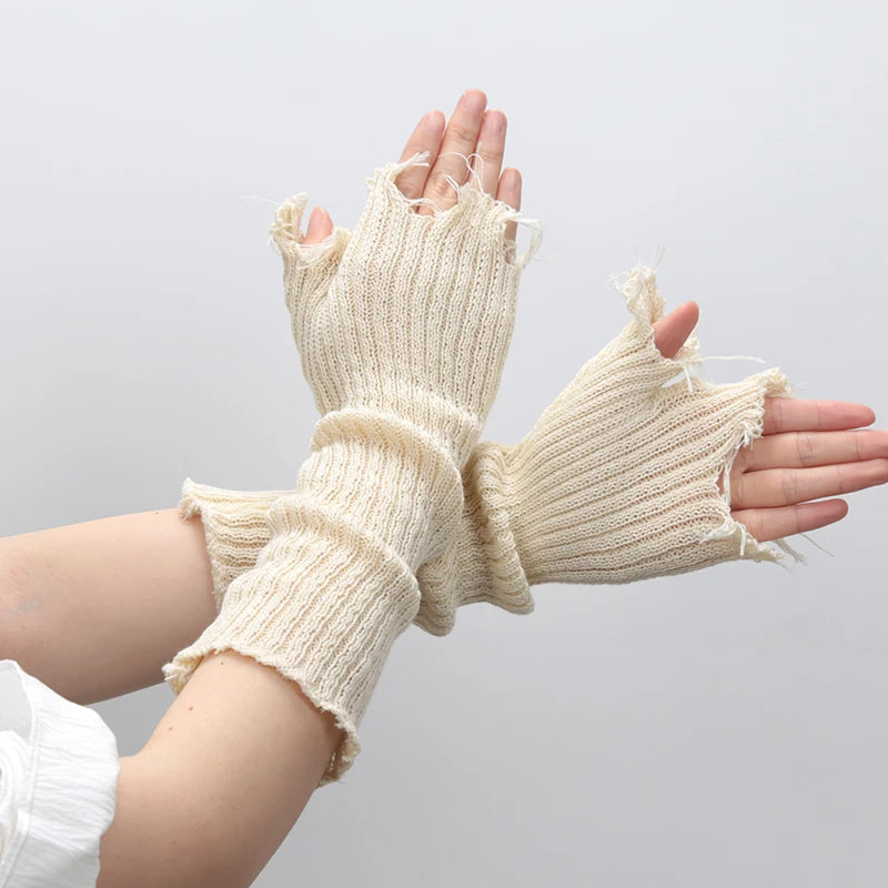 Lbsfy New Girl Gloves Black  Beige Tattered Punk Unisex Fingerless Cuff Knit Glove Women Men Elbow Mittens Broken Arm Warmer Gloves