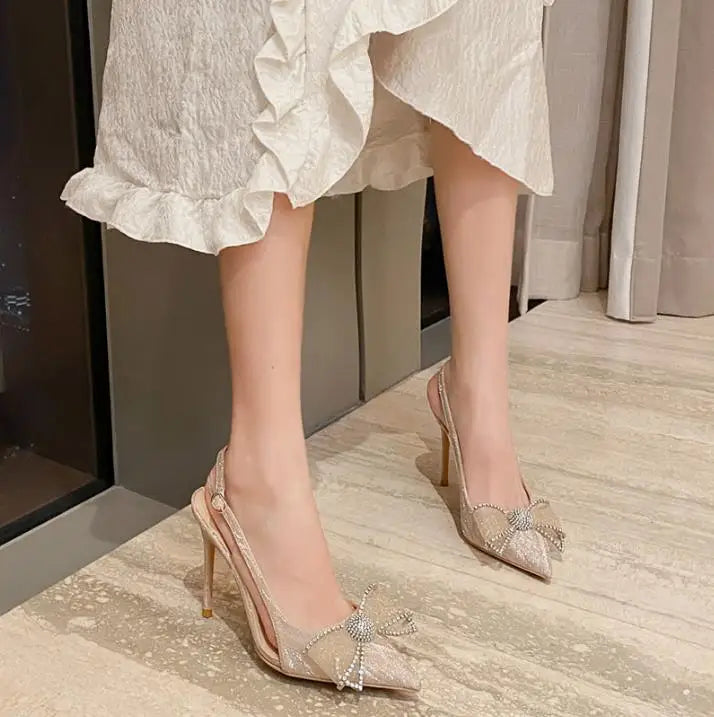 LBSFY  -  6cm New Fashion Sandals Sequins Pointed Toe with Pearl Bow High Heels Ankle Wrap Wedding Women Shoes 40 41