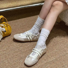 LBSFY -Silver Ballet Flats Women's Soft Leather Sport Mary Jane Ribbon Embellished Adult 1 Slip-on Casual Shoes