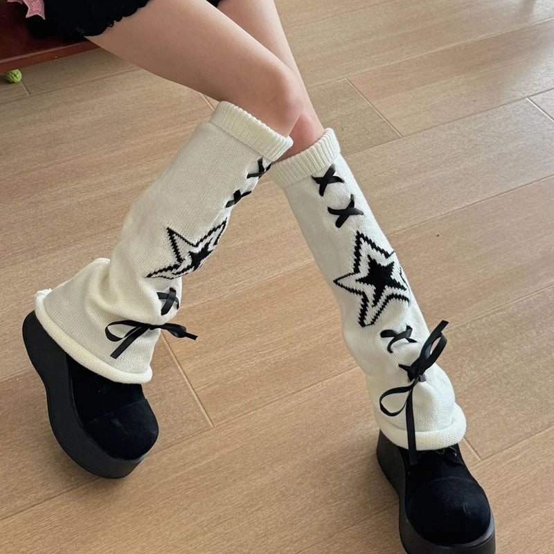 Lbsfy Streetwear Boot Cuffs Fashion Women Knitted Leg Warmers Autumn/Winter Leg Socks Female Y2K Bow Foot Covers Girls Punk Stockings
