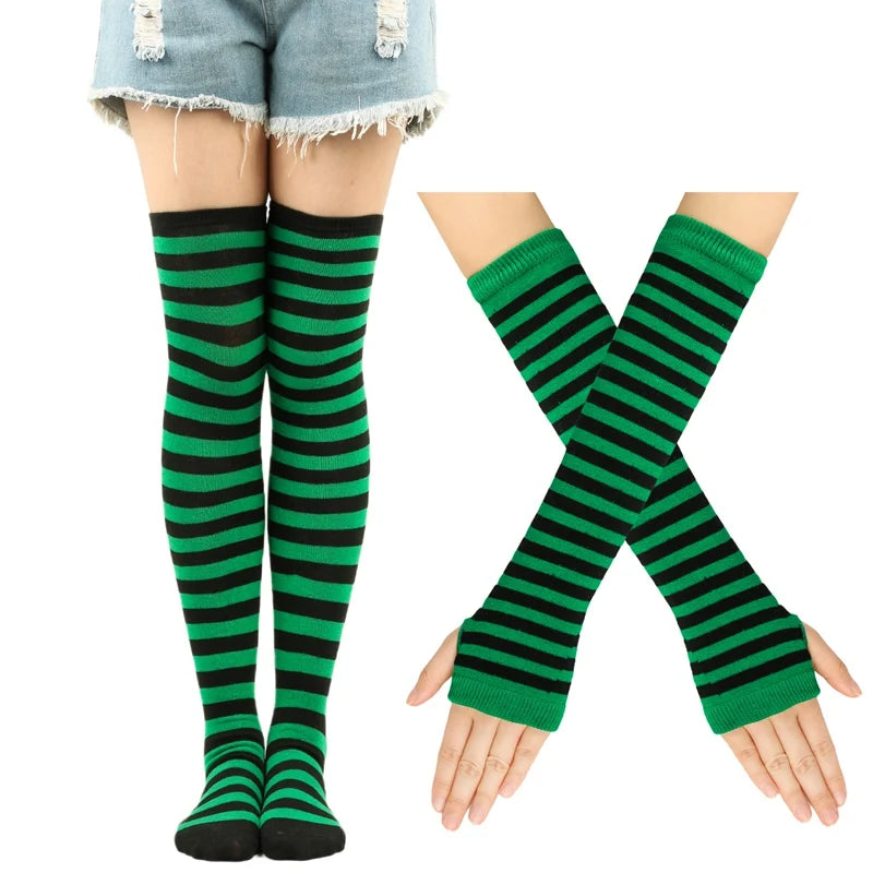 Lbsfy 1 Set Women Girls Over Knee Long Stripe Thigh High Cotton Gothic Lolita Socks Arm Sleeve Gloves Sweet Cute Black Overknee Socks