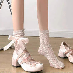 LBSFY -Lolita Cross Strap Pink Round Toe Shoes Ladies Sweet Butterfly Knot Med Heels Mary Janes Shoes Women Fashion Party Shoes Mujer