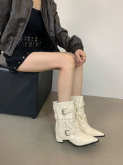 LBSFY  -  Pointed Toe Women Mid Calf Boots Black Brown Belt Buckle Thick High Heels Chelsea Boots Woman Size 35-39 Slip On Fashion Pumps
