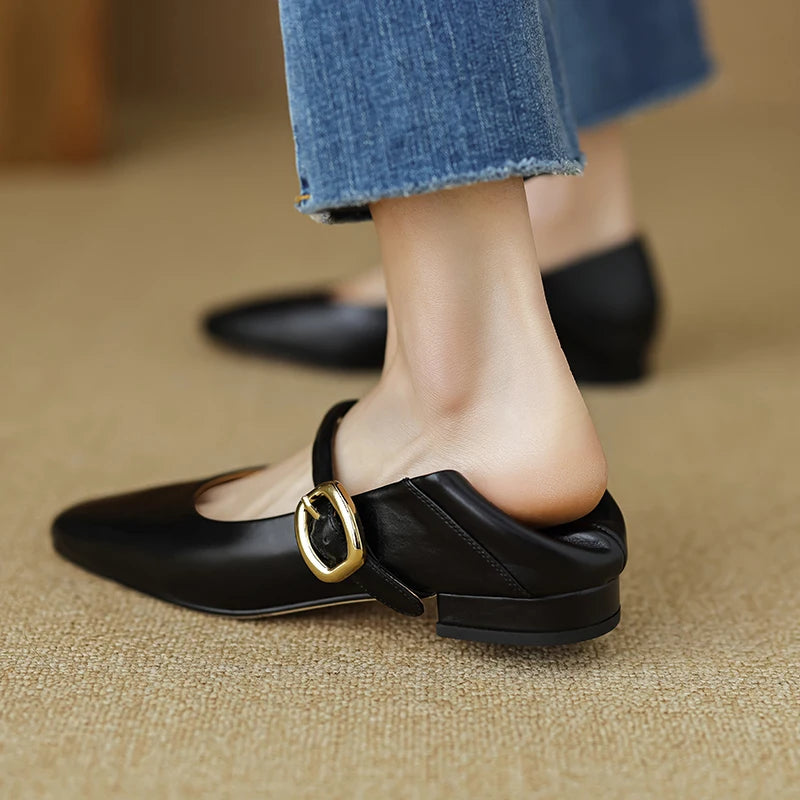 LBSFY  -  Low Heels Women Pumps Fashion Buckle Strap Mary Janes Genuine Leather Spring Summer Casual Working Shoes Woman 2024 White Heels