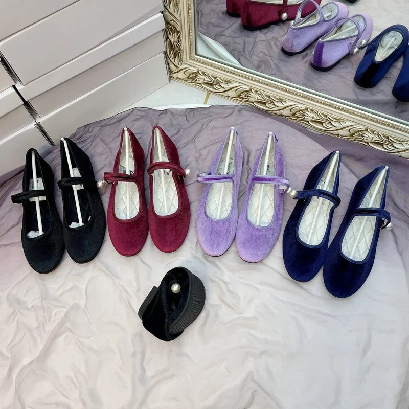 LBSFY  -  Retro Purple Burgundy Satin Pearl Velvet Mary Jane Flat Shoes for Women Ballet Flats Students Luxury Designer Shoes for Women