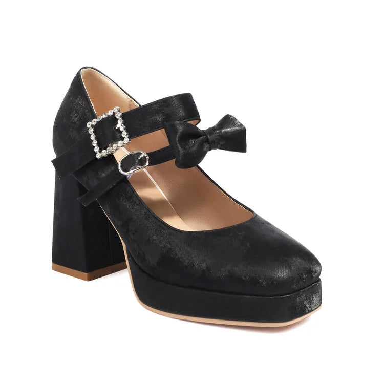 LBSFY  -  2024 Bow Platform Mary Jane Sandals 9cm Thick Heel Square Toe Wedding Sandals Birthday Party Sandals Plus Size Women Shoes 34-48