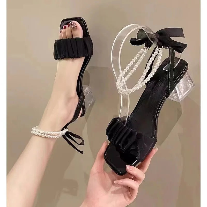 LBSFY -French Evening Wind Niche Pearl High-heeled Sandals Women's Summer 2025 New Middle Heel Fairy Wind Super Fire Fashion Sandals