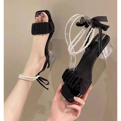 LBSFY -French Evening Wind Niche Pearl High-heeled Sandals Women's Summer 2025 New Middle Heel Fairy Wind Super Fire Fashion Sandals