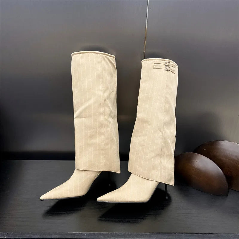 LBSFY  -   Women Knee High Boots Thin Heel Denim Point Toe Winter Retro Shoes Botas Mujer