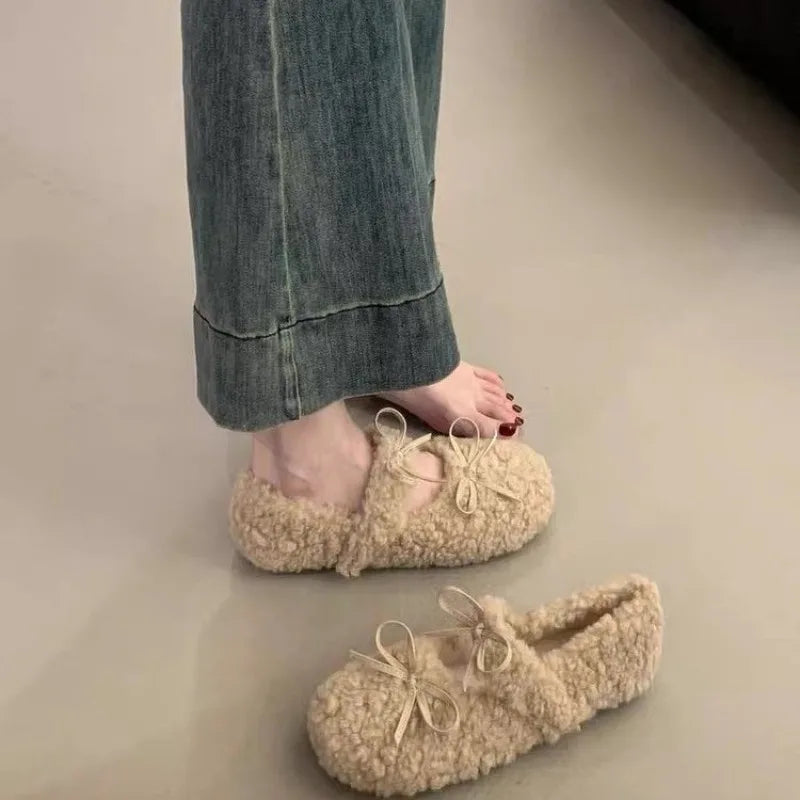 LBSFY -New Style Fashion Women's Shearling Ballet Flats with Strap Warm Rabbit Fur Plush Lined Crystal Buckle Mary Jane Flat Shoes