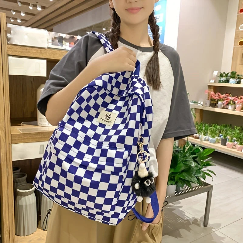 LBSFY -Leisure Backpack Korean Version Checkered Contrasting Color Design, Daily Same Class Backpack, Casual Simple Middle and High Sch
