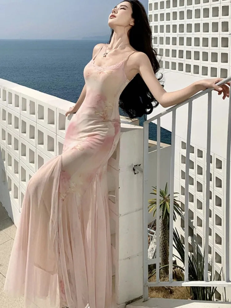 LBSFY -Elegant Print Long Dresses for Women Sexy Spaghetti Strap Bodycon Birthday Party Mermaid Dress Summer Slim Waist Vestidos Robe