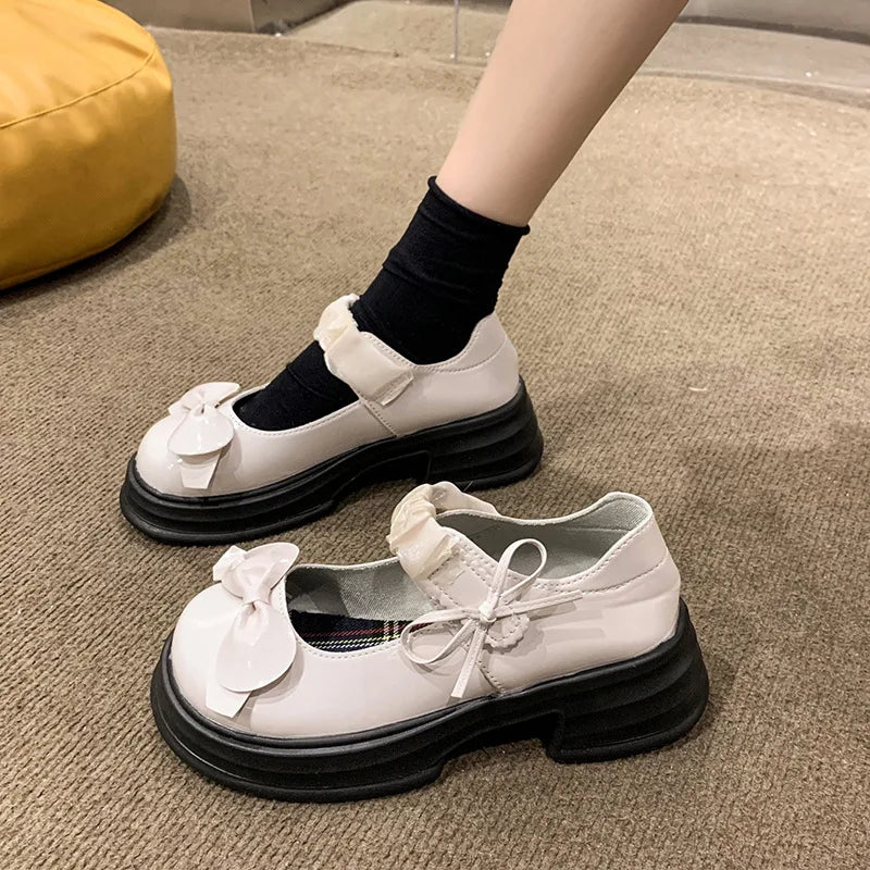 LBSFY -Luxury Platform Women Single Lolita Shoes Autumn Patent Leather Ankle Bow Mary Jane Shoes Woman Loafers Topsiders Ballerinas