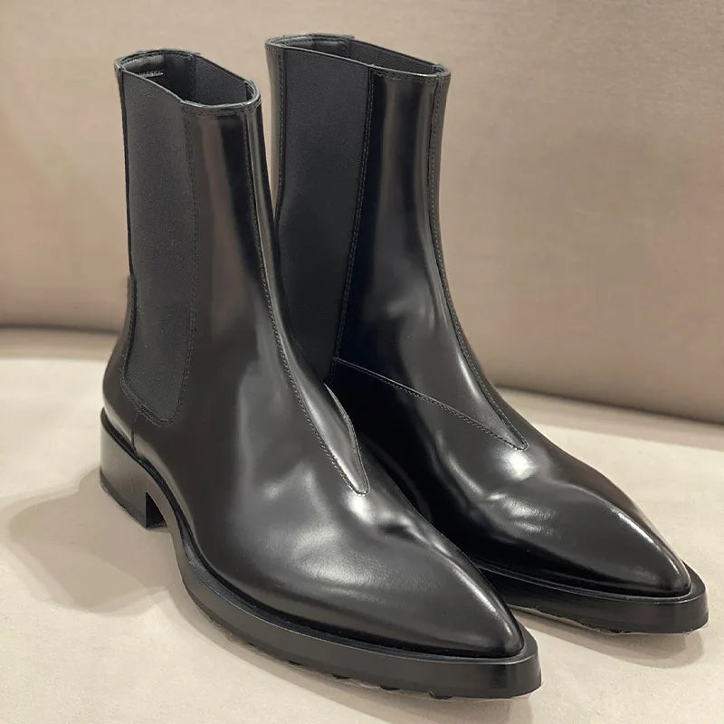 LBSFY  -  Sharp Pointed Chelsea Boots Patent Leather, Spliced with Elastic Fabric, Short Boots, Mid Length Boots, Slim Boots for Women