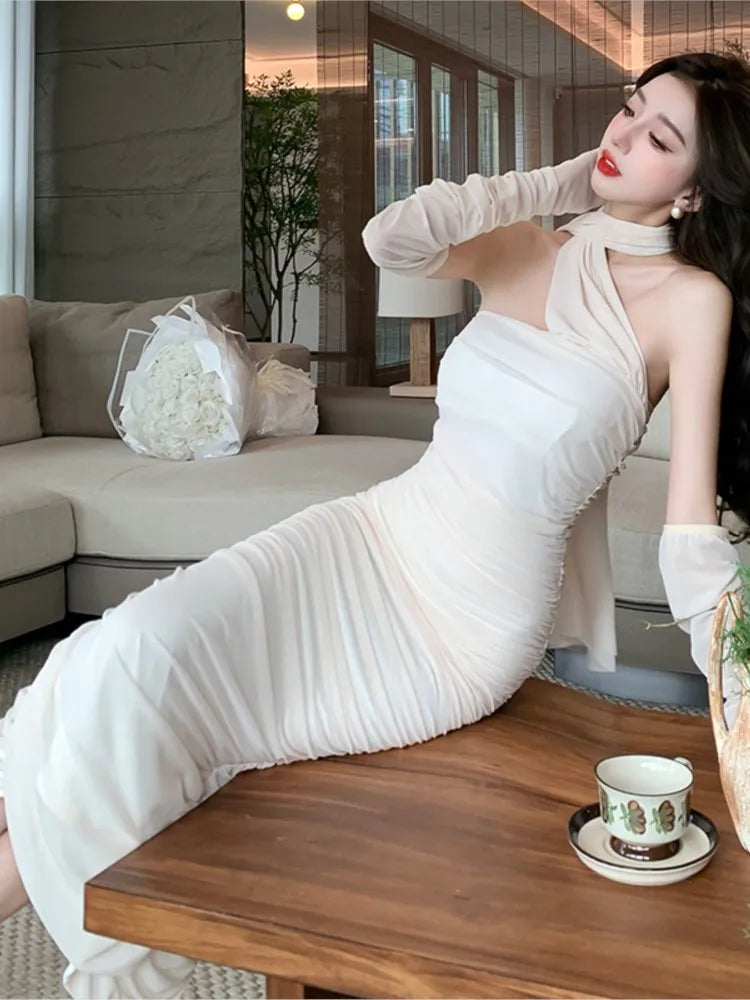 LBSFY -Fashion Sexy Halter Pleated Party Dress for Women Vintage Elegant Autumn Strapless Birthday Ladies Bodycon Split Vestidos Mujer