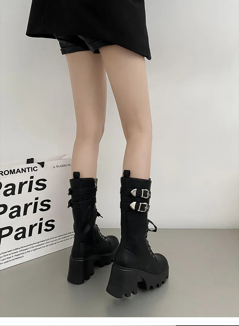 LBSFY -Women's Punk Gothic Boots 2025 Fashion Buckle Chain High Heels Mid Calf Boots Women Black Pu Leather Plus Size 42 Autumn Botas