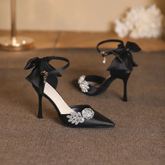 LBSFY  -  Size 30-44 Banquet Party Hollow High Heels Women White Wedding Shoes Rhinestone Flower Accessories Stiletto Heel Pointed Pumps