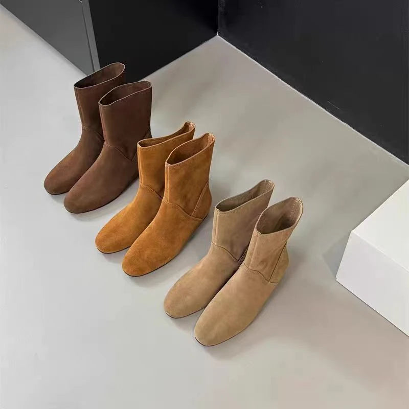 LBSFY -New Style Fashion Cow Suede Women's Boots Real Leather Split Toe Women's Shoes Thick Heel Midsole Short Boots for Women Boots