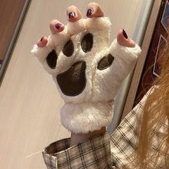 Lbsfy 1Pair Girl Lovely Bear Plush Cat Paw Claw Gloves Winter Faux Fur Kitten Fingerless Mittens for Women Christmas Halloween Gloves