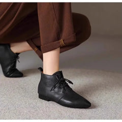 LBSFY -Women's Ankle Boots Solid Color Leather 2026 Autumn Fashion Pointed Toe Lace-up Flat Boots for Women Casual Retro Sewing Shoes