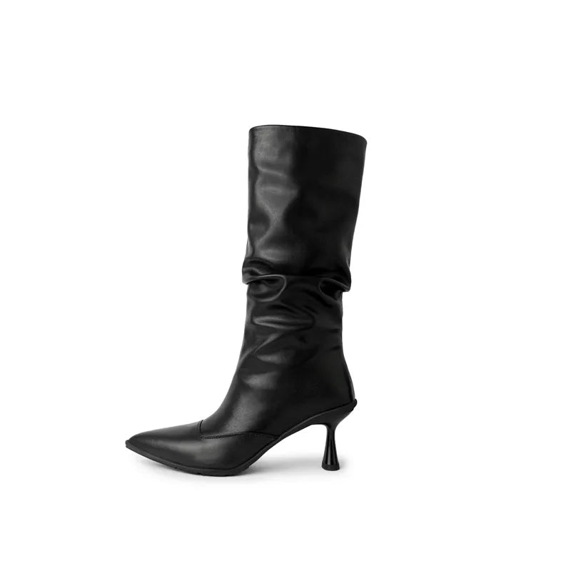 LBSFY  -  Fashion Short Boots Women New High Quality Genuine Leather Boots Wrinkled Pointed High Heels Mid heeled Boots Calf Boots