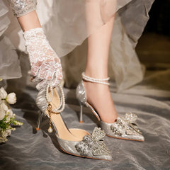 LBSFY  -  Size 32-43 Pointed Hollow Bride Wedding Shoes Women Gold Heels Dress Shoe Rhinestone Crystal Pearls Strap Shoes