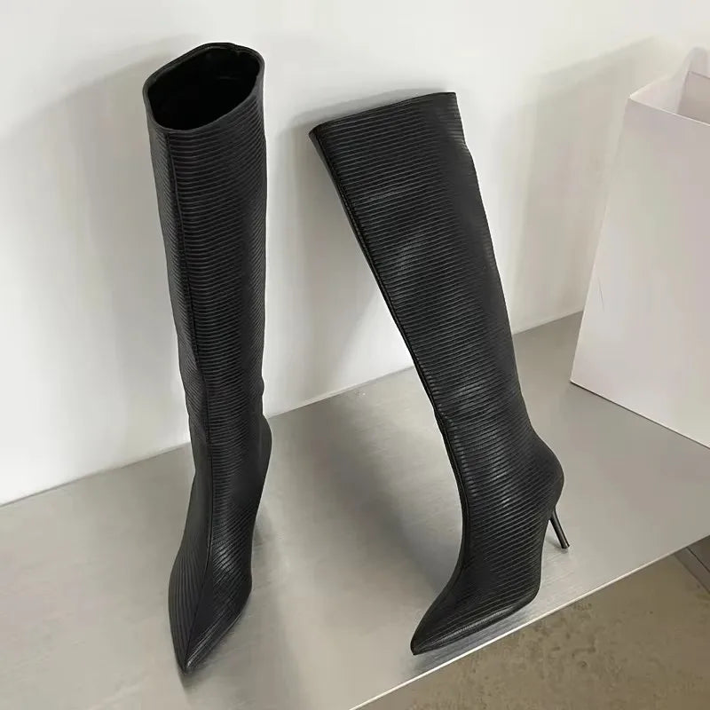LBSFY -Sexy Gingham Pointed Toe Women Knee-High Boots High Quality Party Dress Modern Long Booties Thin Low Heels Shoes