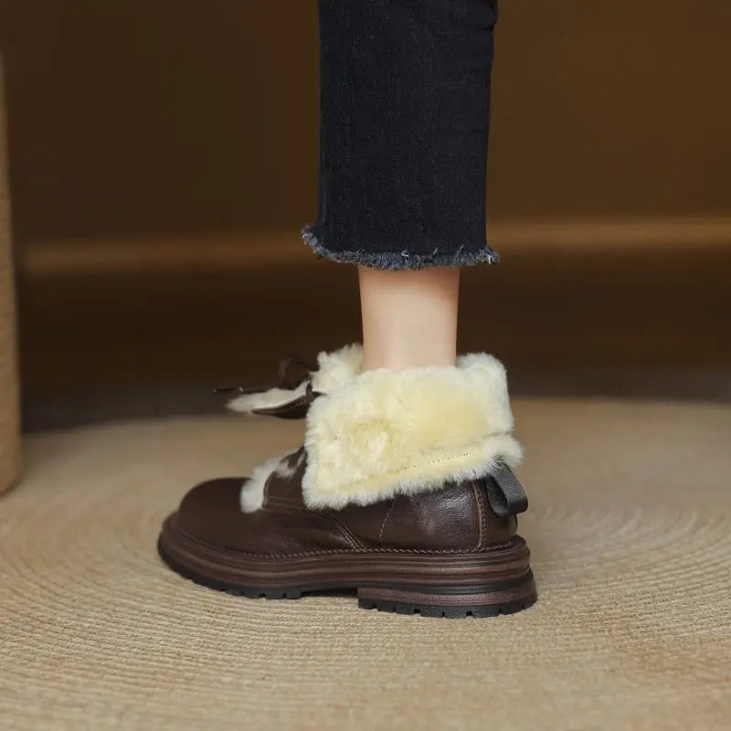 LBSFY  -  Size 34-42 Nature Wool Snow Boots Women Lace Up Round Toe Zipper Winter Boots Fashion Ankle Booties Ladies Shoes
