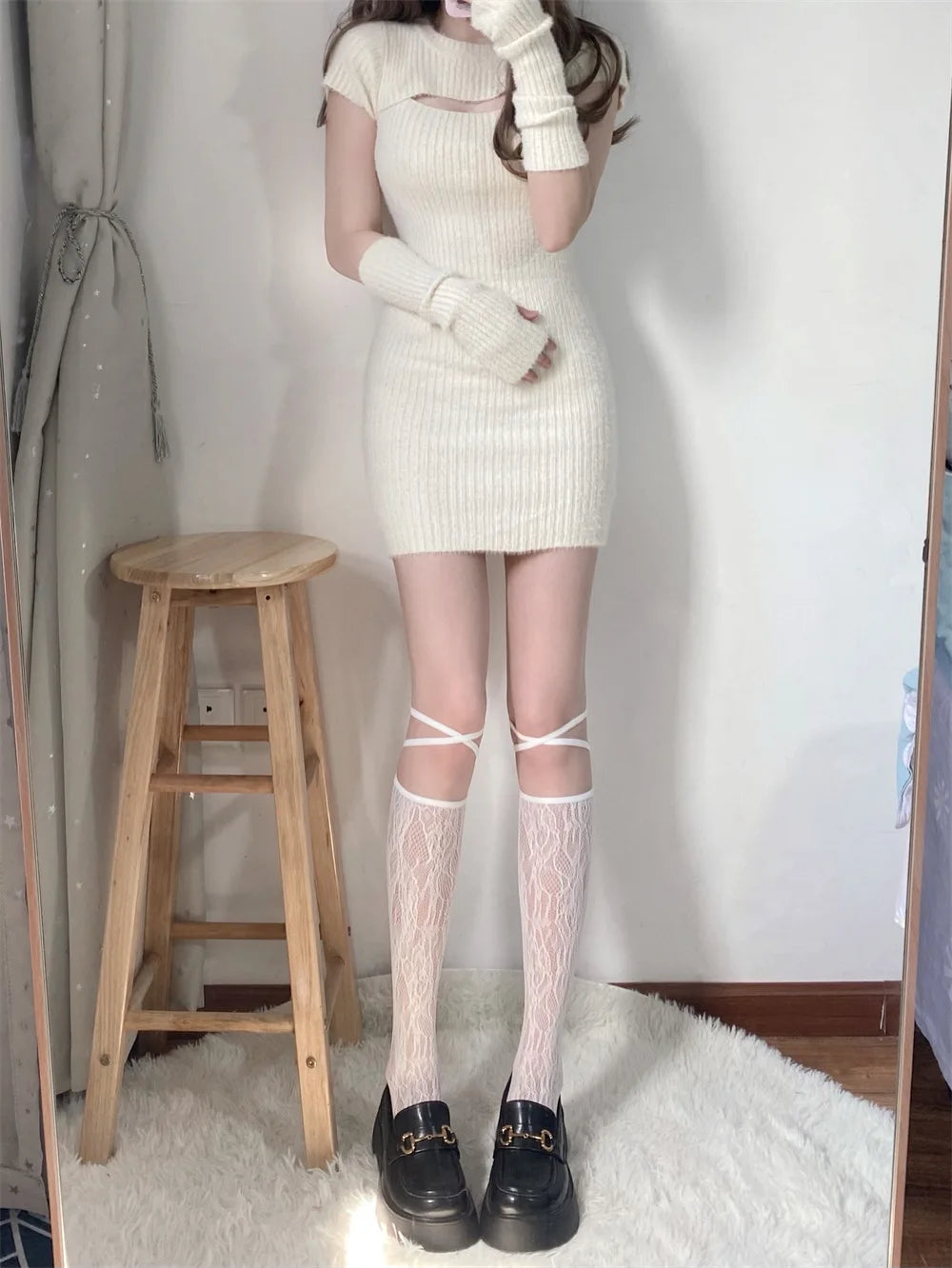 Lbsfy Solid Color Bowknot Hollow Lace Stockings Woman Summer Middle Tube JK Lolita Cute Socks Black White Fishnet Stockings for Women