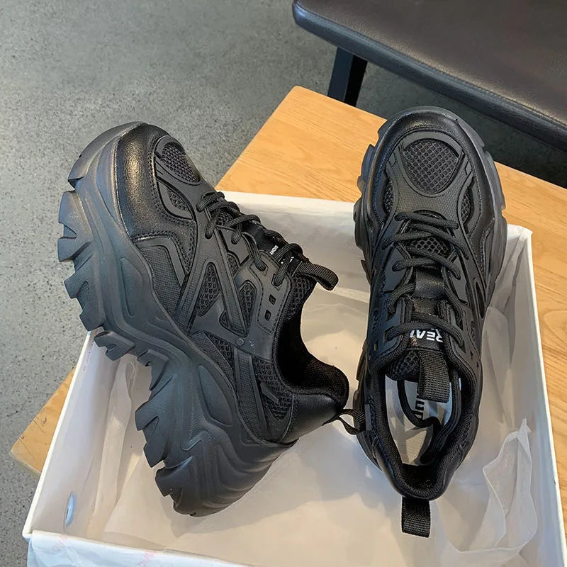 LBSFY -Women New Fashion Platform Sport Shoes Women Summer Black Casual Chunky Sneakers Women Mesh Leather Platform Shoes