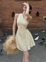 LBSFY -Y2K Sweet Sexy Backless Solid Mini Dress Inclined-Shoulder Pleated Women's Dresses Beach Vacation Party Spring Summer 2025 New