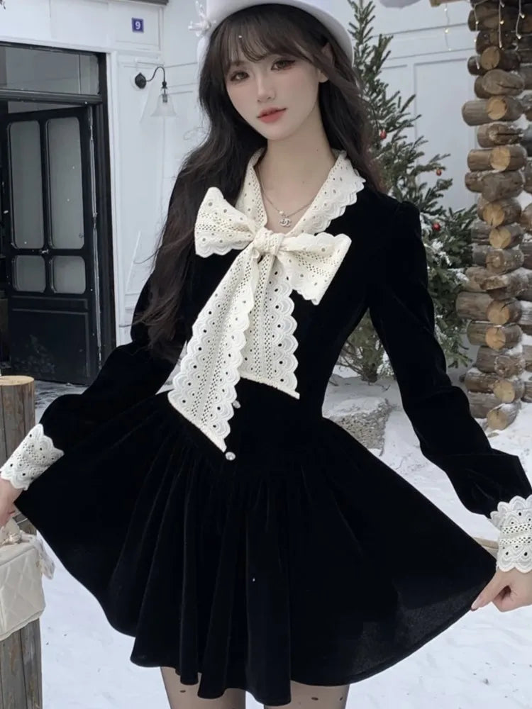 LBSFY -Autumn Velvet Mini Dress for Women French Vingate Bow Neck Lace Patchwork Evening Party Dresses Korean One Piece Vestidos Mujer