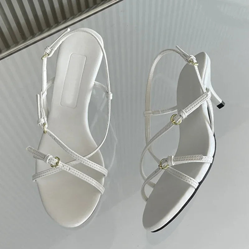 Lbsfy Summer Thin Heels Sandals Women Narrow Band Concise Open Toe Dress Shoes Ladies Buckle Elegant Fashion Footwear Female