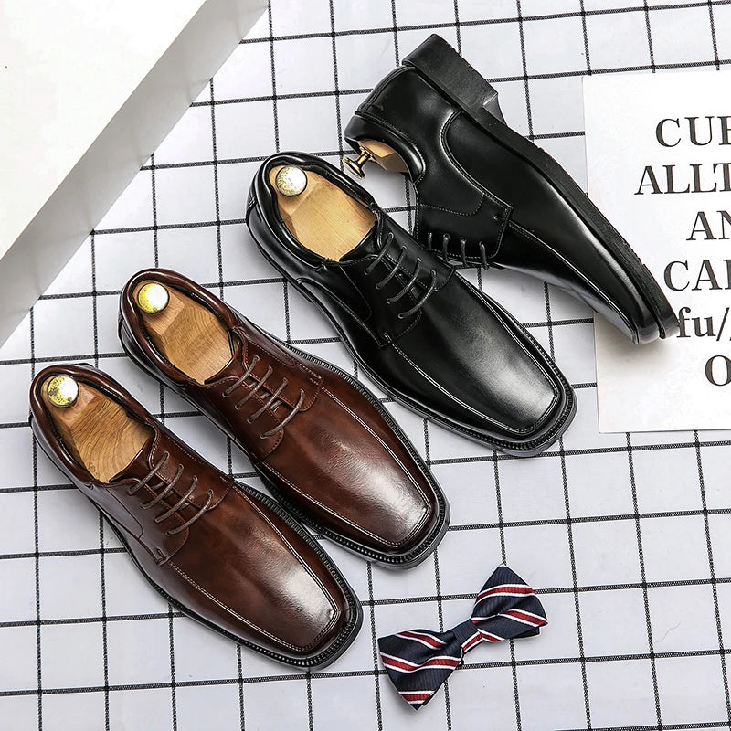 LBSFY  -High Quality Business Men Dress Shoes Square head Male Casual Leather Shoes 2024 Lace Up Wedding Shoes Men Gentleman Derby Shoes