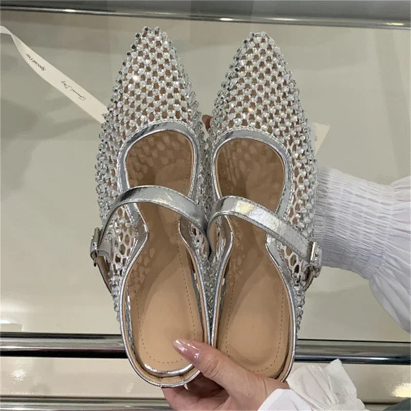 LBSFY -Mesh Hollow Out Buckle Strap Mules Slippers Women Elegant Fashion Pointed Toe Square Low Heels Shoes