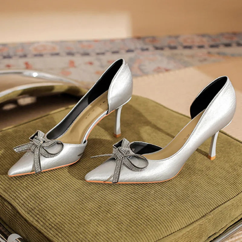 LBSFY  -  Fashion Pointy Toe Thin High Heels Shoe Side Hollow Design Rhinestone Bow Decoration Elegant Banquet Party Office Women Pumps