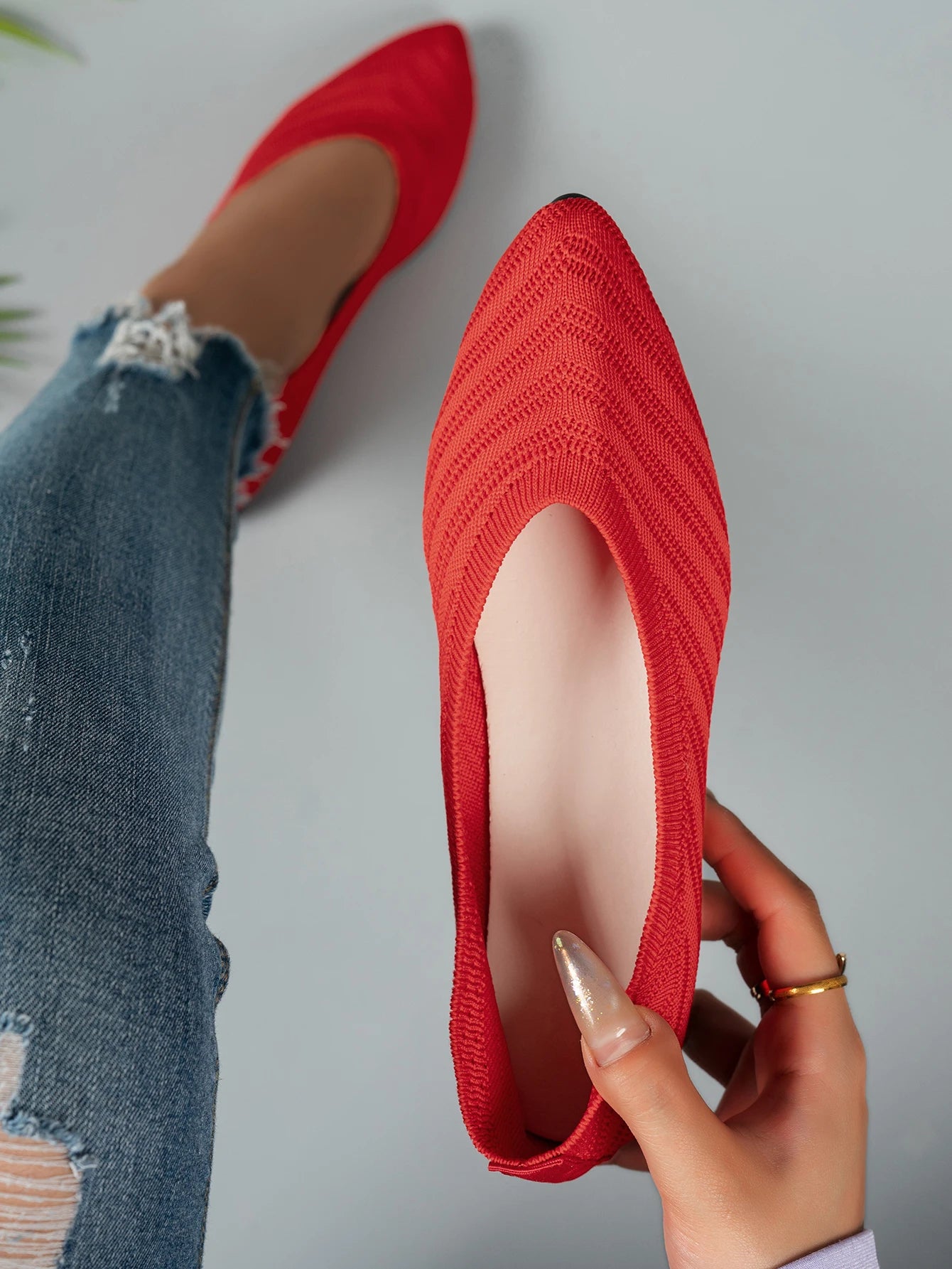 LBSFY -Women's Pointed Toe Flat Shoes Solid Color Knitted Slip on Shoes Casual Breathable Ballet Flats Women Loafers Shoes