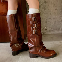 LBSFY  -  Round Toe Belt Buckle Thick Heel Boots Designer Winter Stitching Slip-On Shoes for Women Genuine Leather Knee-High Botas Mujer