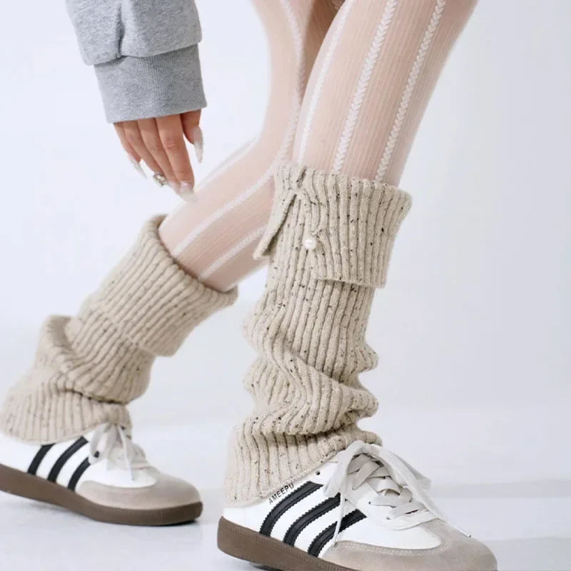 Lbsfy Korea New Pearl Mid-calf Socks Leggings Wool Knitted Ankle Covers Leg Warmers Winter Thickened Calf Socks Harajuku Leg Covers