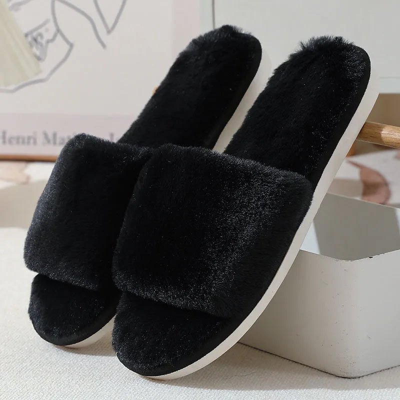 LBSFY  -  Fashion Cross Strap Fur Slippers Women Comfort Soft Long Plush Winter House Slides Woman Peep Toe Faux Fur Warm Cotton Slippers