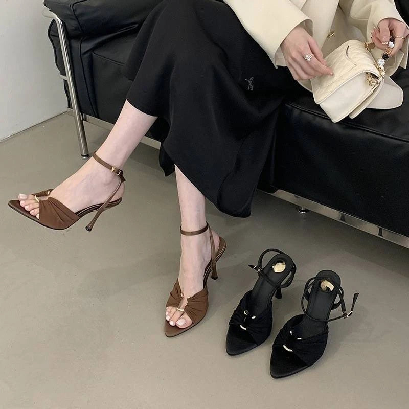 LBSFY -Summer Pointed Toe Thin High Heels Fashion Pleated Metal Buckle Strap Women Sandals Banquet Party Female Mules Shoes