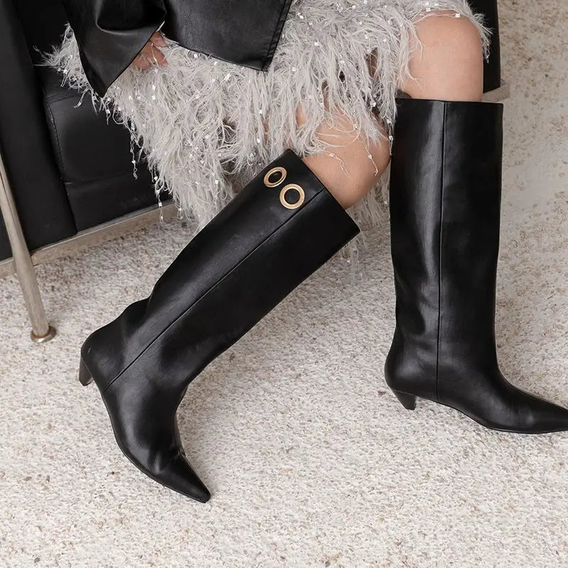 LBSFY  -  2025 New Genuine Leather Knee High Boots Women Pointed Toe Mid Heels Autumn Winter Modern Boots Ladies Shoes