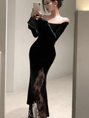 LBSFY -Women's Sexy Black Velvet Dress Elegant Chic Off Shoulder Lace Split Evening Party Dresses Autumn Female Bodycon Vestidos Mujer