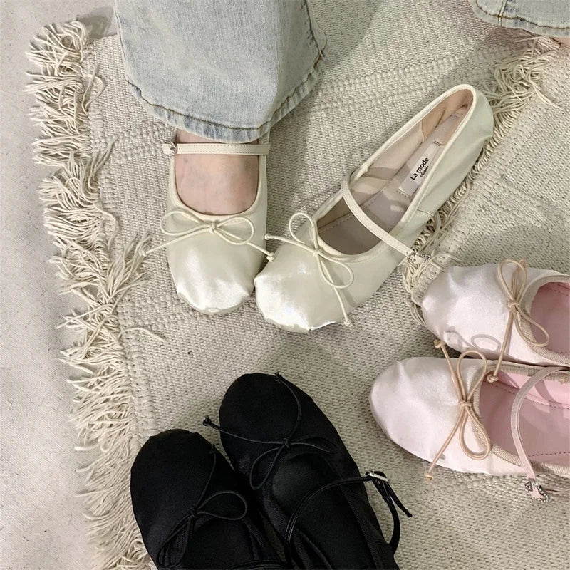 LBSFY  -   Women Ballet Flats Satin Summer Shoes Round Toe Ballerines Bow Buckle Pink Elegantes Bailarinas Zapatos de mujer