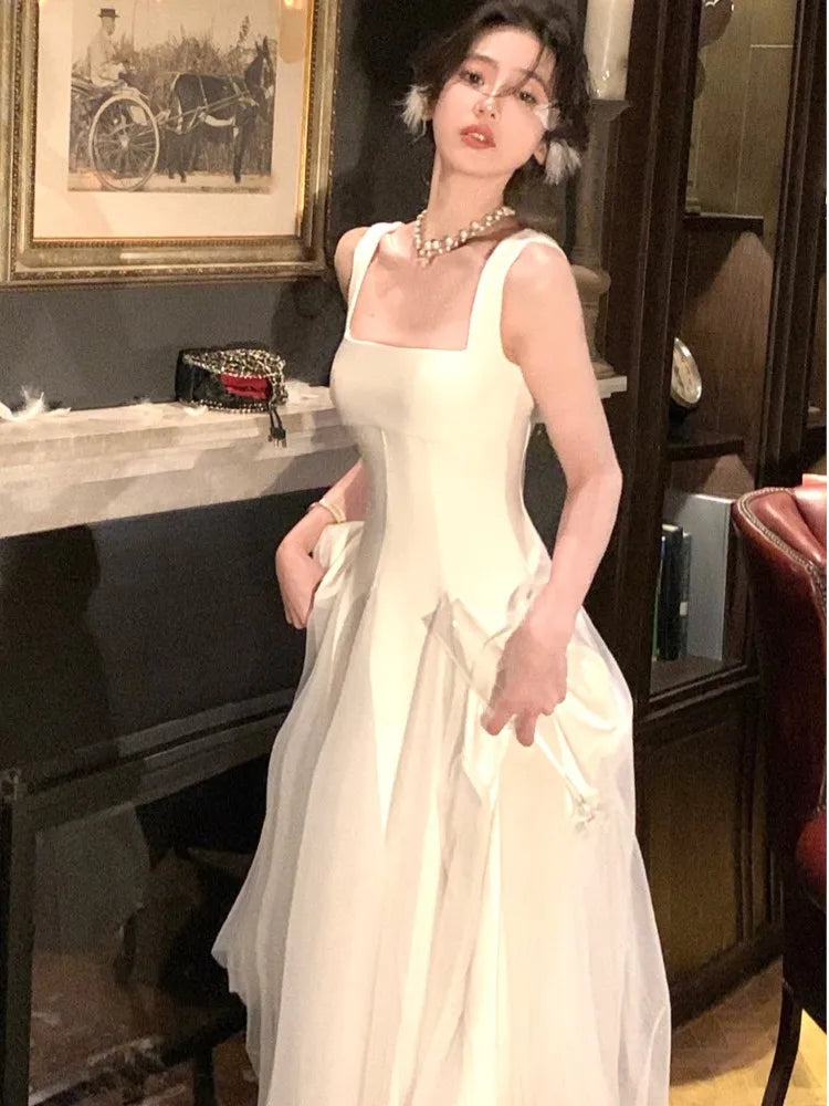 LBSFY -White Elegant Fairy French Sling Dress For Woman Summer Mesh Ball Gown Square-Collar Slim Fit Skirt Party Evening Dress 2025